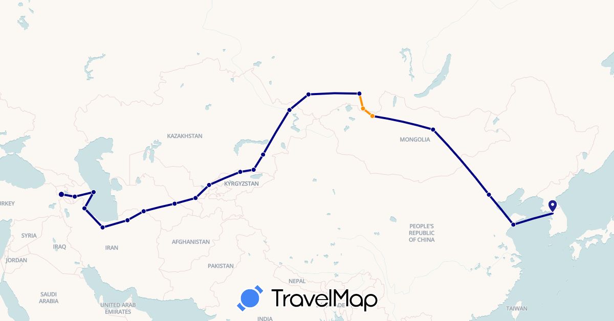 TravelMap itinerary: driving, hitchhiking in Armenia, Azerbaijan, China, Iran, Kyrgyzstan, South Korea, Kazakhstan, Mongolia, Russia, Turkmenistan, Uzbekistan (Asia, Europe)